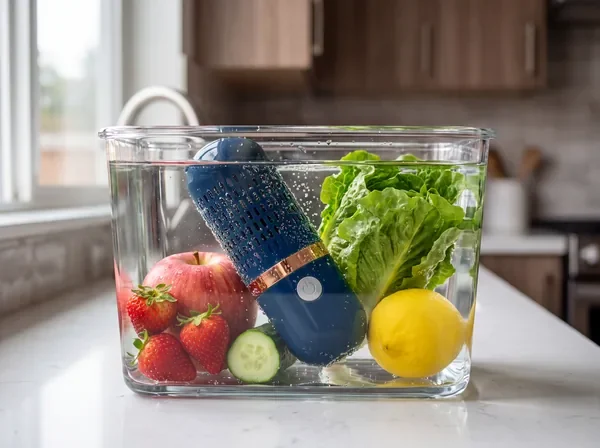 Tivano Pro FreshShield operating in a clear container with fruits and vegetables